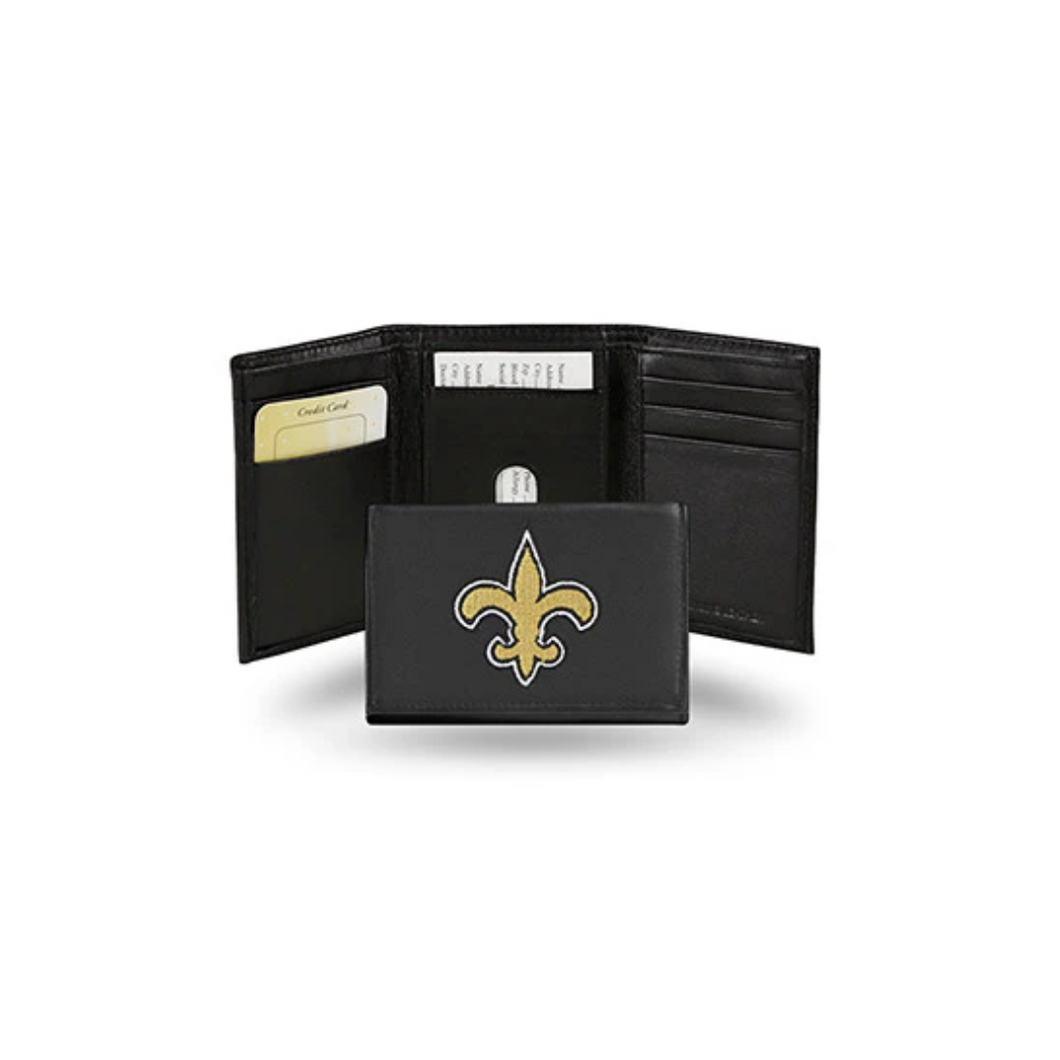 New Orleans Saints Black Embroidered Genuine Leather Tri-Fold