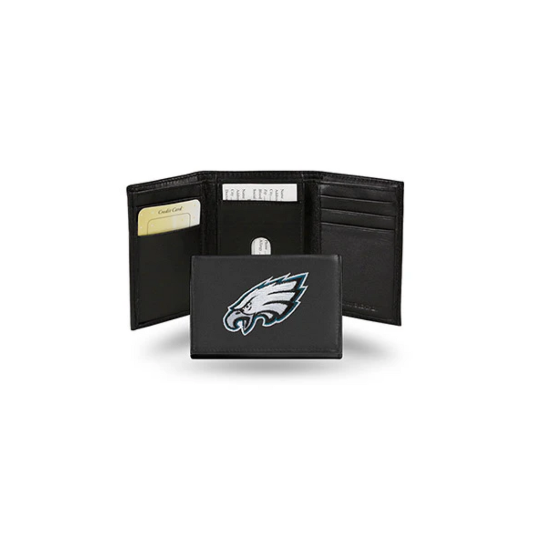 Philadelphia Eagles Black Embroidered Genuine Leather Tri-Fold