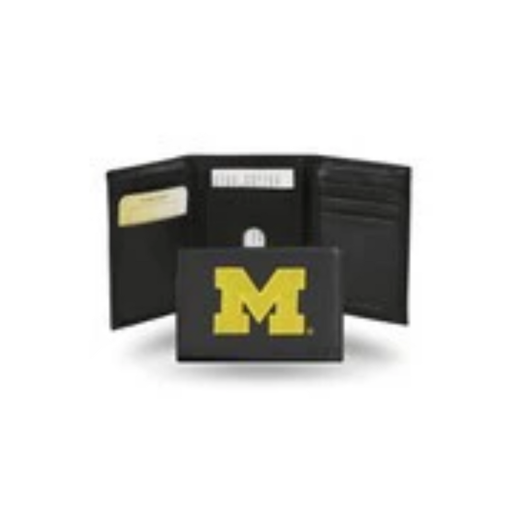 Michigan Wolverines Black Embroidered Genuine Leather Tri-Fold