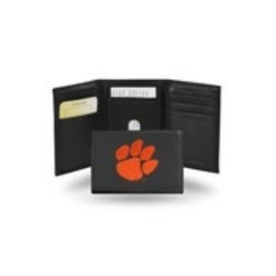 Clemson Tigers Black Embroidered Genuine Leather Tri-Fold