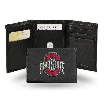 Ohio State Buckeyes Black Embroidered Genuine Leather Tri-Fold