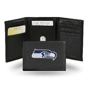 Seattle Seahawks Black Embroidered Genuine Leather Tri-Fold